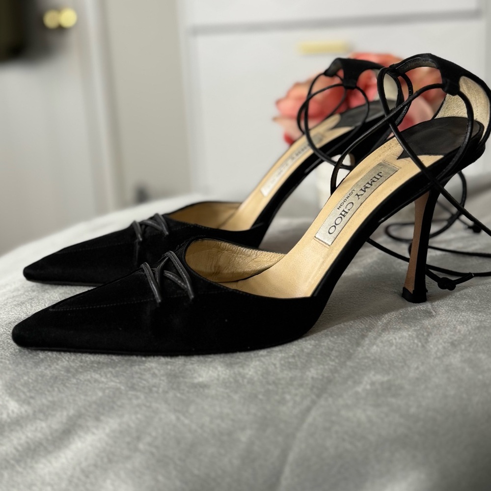 Jimmy Choo Satin Fabric Lace-Up Pointed Toe Shoes - Picture 3 of 13